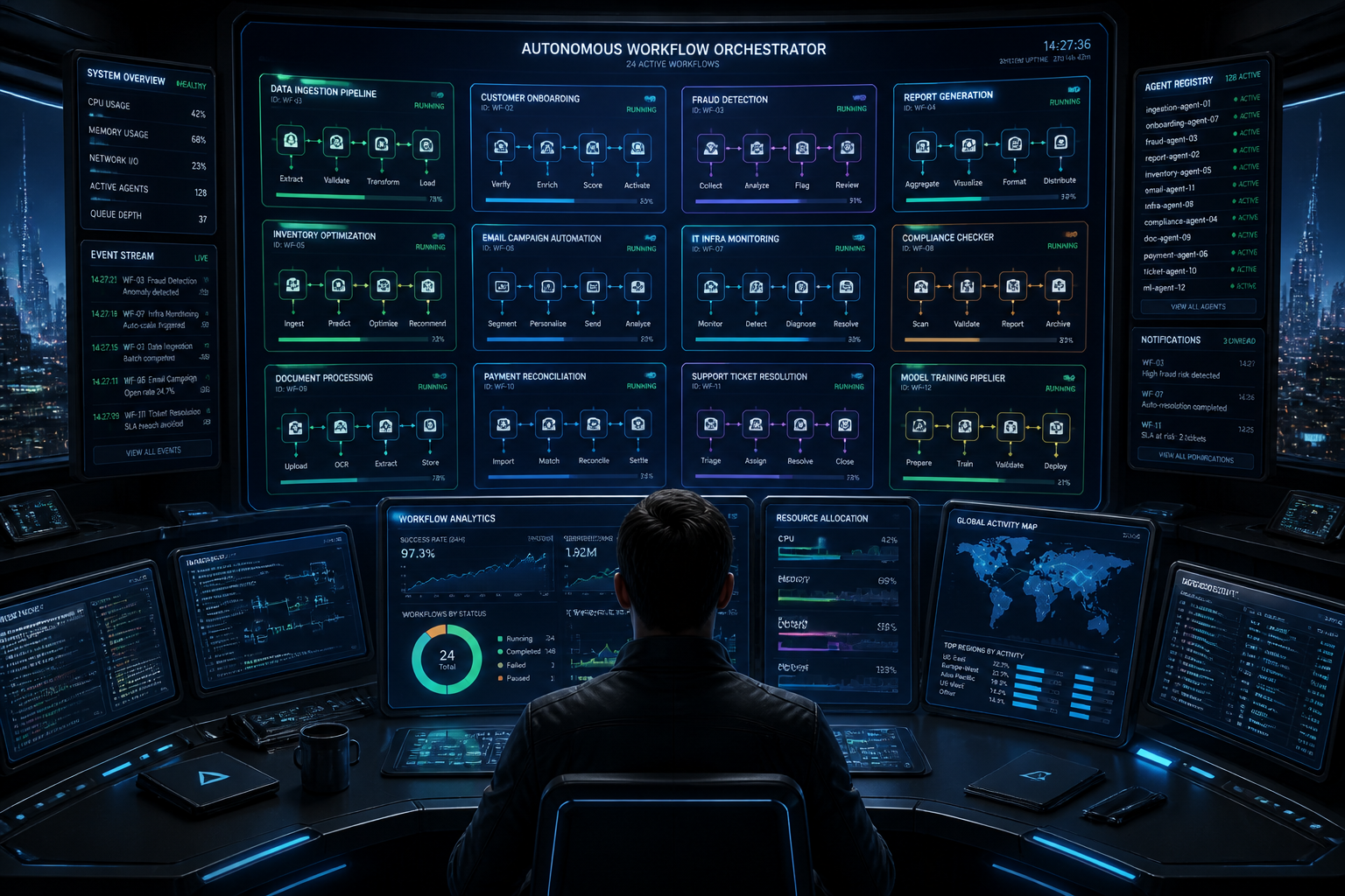 Futuristic command center showing parallel workflows